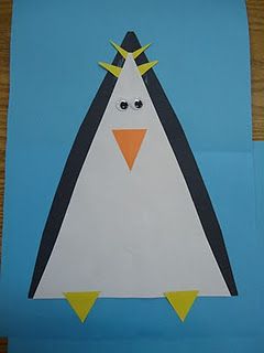 Cute triangle penguin...want to try this at my art center Triangles Activities, Preschool Shapes, Macaroni Penguin, Shapes Craft, Prek Crafts, Penguin Theme, Penguin Crafts, Penguin Craft, Chalk Talk