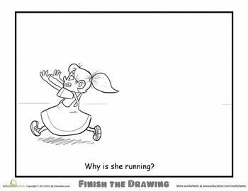 Worksheets: Finish the Drawing: Why Is She Running? Finish The Drawing Worksheets, Drawing Prompts For Kids, Complete The Drawing, Finish The Drawing, Drawing Ideas For Kids, Drawing Prompts, Art Worksheets, Art Therapy Activities, Drawing Prompt