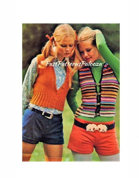 "Offering a crochet pattern to make groovy, retro vests in two designs! \"Frothy Vest\" - cardigan styled rib tickler top \"Shrink of Many Colors\" - striped multi-colored vest with sewn on hook & eye front closures. Great scrap-basket buster! These retro 1971 repros instructs for three sizes: Small (6-8); 30.5\", Medium (10-12); 33\", and Large (14); 35\". Designed to be snug/tightly fit.  For a more regular fit, make the next size up :). Requires DK or 4-ply yarn and G/6, H/8  and I/9 hooks. 70s Mode, Vintage Sweater Vest, Crochet Sweater Vest, 60s 70s Fashion, Tank Top Pattern, 60s And 70s Fashion, Vintage Crochet Patterns, Womens Crochet Patterns, 70s Inspired Fashion