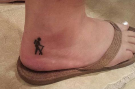 Hiker Backpacking Tattoos For Women, Rock Climber Tattoo, Hiking Boot Tattoos For Women, Backpacking Tattoo Ideas, Hiker Tattoo Ideas, Tattoos For Outdoorsy Women, Hiking Trail Tattoo, Hiking Tattoo For Men, Hiking Boot Tattoo