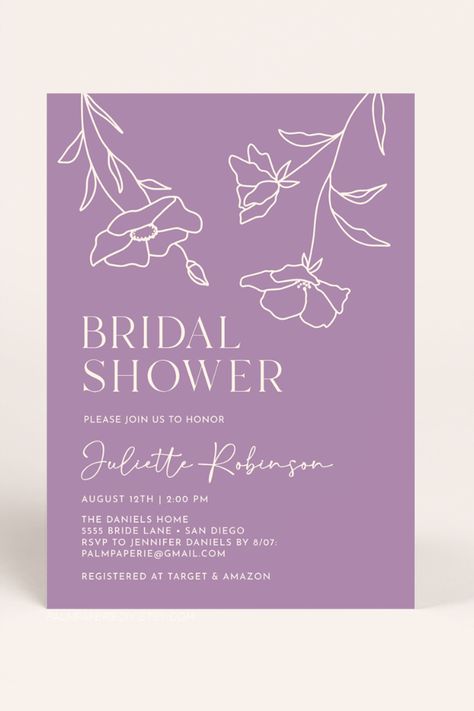 Lavender Bridal Shower Ideas, Purple Bridal Shower Invitations, Lavender Farm Wedding, Lavender Wedding Theme, Backyard Bridal Showers, Modern Invitations, Purple Bridal Shower, Purple Invitations, Bridal Shower Inspo