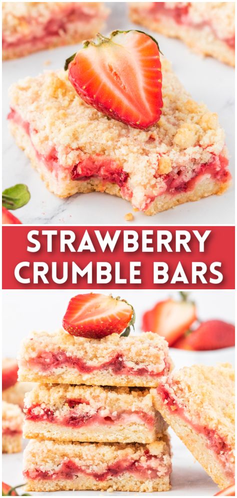 Strawberry Crumble Bars are the perfect way to use sweet summer strawberries. Rich, buttery crust with a strawberry filling and a crunchy topping. This is a tried and true recipe that you will make over and over again. Strawberry Crumb Bars, Strawberry Crumble Bars, Vegan Crumble, Strawberry Crumble, Crumb Bars, Diy Easy Recipes, Crumble Cake, Dessert Simple, Crumble Bars