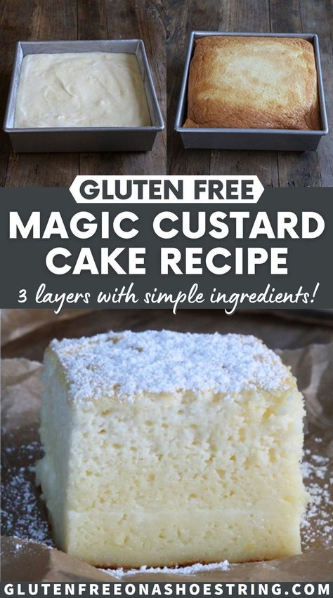 Gluten Free Custard, Magic Custard Cake Recipe, Glutenfri Baking, Magic Custard Cake, Custard Cake Recipes, Gluten Free Cake Recipe, Easy Gluten Free Desserts, Custard Cake, Gluten Free Desserts Recipes