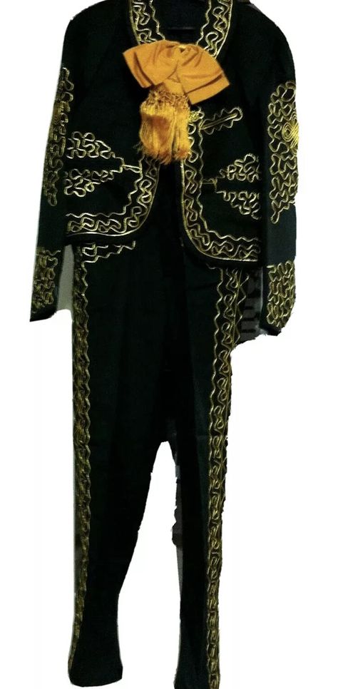 PRICES MAY VARY. Mariachi suit outfit sets include: coat, vest, pants, & gold neck tie bow. The main color of the suit is black the color of the embroidery gold. These are beautiful handmade mariachi outfits, (handmade they have no tags/size/material made of tags) perfect to wear for traditional Mexican Folklorico Holidays year round. By Border Merchant Men's Mariachi Charro Suit Set Mexico Folklorico 5 De Mayo Fiesta Dance Costume Black/Gold handmade: new without tags. Approximate Measurements: XS: coat: armpit to armpit flat side to side 20", Length: 21" Pants: waist flat side to side: 16" inseam: 29" S: coat: armpit to armpit flat side to side 21", Length: 22" Pants: waist flat side to side: 17" inseam: 30" M: coat: armpit to armpit flat side to side 23", Length: 24" Pants: waist flat s Mexican Pants, Mexico Folklorico, Mariachi Outfit, Mariachi Suit, Charro Suit, Suit Outfit, 5 De Mayo, Traditional Mexican, Tie Bow