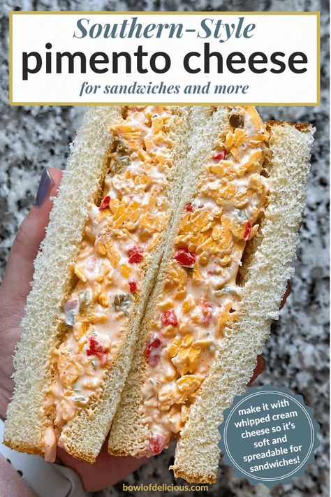 This easy Pimento Cheese recipe is made with whipped cream cheese so it remains soft and spreadable right out of the fridge! Perfect served as a dip or spread on sandwiches, or try using it in an omelette or stirred into the sauce for mac and cheese. You'll love this easy Southern recipe staple! Pimiento Cheese Sandwich, Potted Meat Spread Recipes, Cream Cheese Sandwich Spread, Masters Pimento Cheese Recipe, Cheese Spread Sandwiches, Sauce For Mac And Cheese, Easy Pimento Cheese Recipe, Recipes Using Whipping Cream, Easy Pimento Cheese