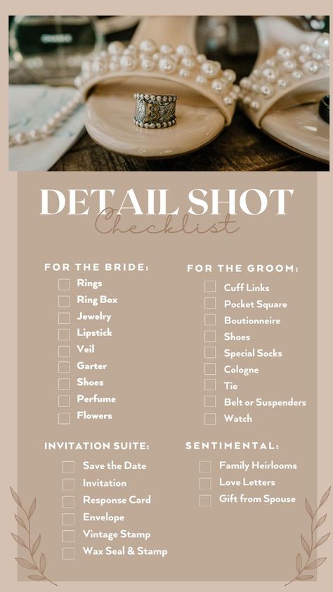 Photographer Day, Wedding Photography Shot List, Wedding Photography Detail Shots, Wedding Photo Checklist, Wedding Checklist Detailed, Wedding Photo List, Wedding Photography List, Photography List, Wedding Shot List