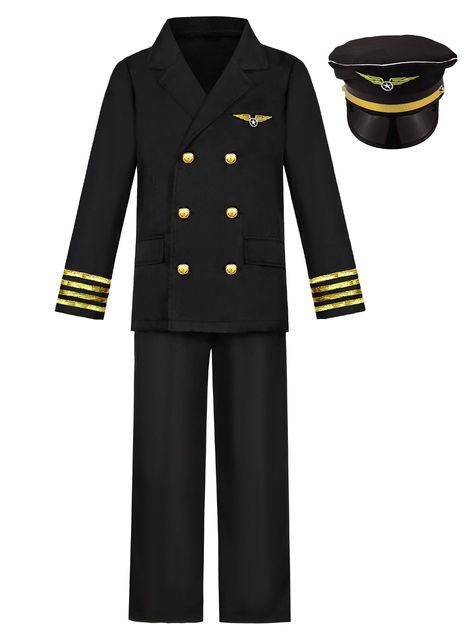 PRICES MAY VARY. Polyester Machine Wash 【What You’ll Receive】You’ll receive: 1*pilot jacket, 1*pilot trousers, 1* pilot hat, a full set of pilot uniform for kids airline captain dress up. 【To be a Cool Pilot】The black pilot jacket come with amazing details: sturdy buttons, two pockets on front and pilot insignia, each detail explain what a cool pilot captain you are! 【Durable & Washable】Made by polyester fabric, the pilot uniform is durable, it can be weared for times until kids grown up. Machin Pilot Uniform Airline, Uniform For Kids, Captain Costume, Pilot Costume, Pilot Hat, Pilot Uniform, Birthday Party Gifts, Career Day, Kids Uniforms