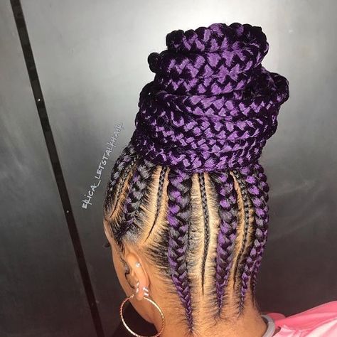 1,998 Likes, 13 Comments - Nigerian Hairstyles (@nigerianhairstyles) on Instagram: “Love the colour * * * * * for more beautiful hairstyles, follow @nigerianhairstyles…” Feedin Ponytail, Ghana Braids Cornrows, Big Cornrow Braids, Ghana Braid Styles, Purple Braids, Braids Ponytail, Black Hairstyle, Big Braids, Ghana Braids