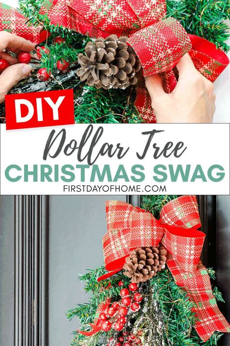 Learn how to make an easy budget-friendly DIY Christmas swag for your front door, window or lantern. This video tutorial gives you all the tools and tips you need to make gorgeous Christmas DIY Christmas decor without breaking the bank! Come see what 5 other vloggers came up with for their Christmas swags too! #dollartree #christmascrafts #diydecor #christmasswag #wreaths #firstdayofhome Christmas Window Swags Outdoor Diy, Diy Window Swag Christmas, How To Make Swags, Diy Christmas Teardrop Swag, Christmas Mailbox Swag Diy How To Make, Christmas Teardrop Swags Diy, Diy Christmas Decorations For Outside Front Doors, Diy Swags How To Make, How To Make A Swag Wreath Step By Step