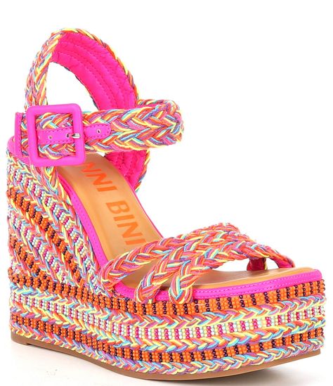 From Gianni Bini, the Santi Woven Beaded Strappy Wedge Sandals feature:Woven braided fabric upperAnkle strap with functional buckle closureSynthetic liningMemory foam sockRubber outsoleApprox. 1.57" platform heightApprox. 4.72" heel heightImported. Bright Heels, Beaded Rainbow, Strappy Wedge Sandals, Rush Outfits, Braided Fabric, Preppy Shoes, Cute Shoes Heels, Sandal Platform, Strappy Wedges