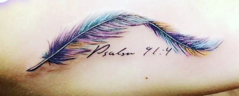 Watercolor Feather Tattoo from Iron Lotus Cedar Rapids Psalm 91:4 Route 91 Feather Bible Verse Tattoo, Psalms 91 4 Tattoo, Cross Feather Tattoo, Psalm 91 4 Tattoo Feathers, Psalm 91 Tattoos For Women, Psalm 91 4 Tattoo, Psalm Tattoo Women, Psalms 91 Tattoo, Psalm 91 Tattoo