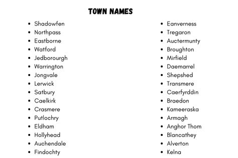 Town Names: 200+ Fantasy And Cool Names For Your Town Town Names Fictional, Author Names Ideas, Fictional Small Town Names, Town Name Ideas For Stories, Street Names For Writing, Town Names For Books, Fantasy Names Last Names, Names For Cities Writing, Fantasy Map Location Names