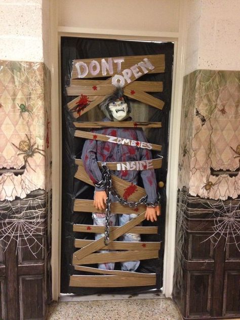 scary zombies inside door decor Ghost Door Decoration, Halloween Door Ideas, Halloween Cubicle, Porta Halloween, Diy Halloween Door Decorations, Halloween Classroom Door, Halloween Diy Door, Halloween Classroom Decorations, Dorm Door