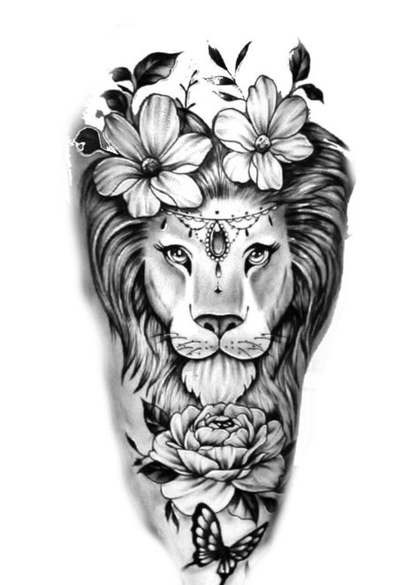 Floral Lion Tattoo Design, Pretty Lion Tattoo, Female Lion Tattoo For Women Sleeve, Half Lion Half Woman Tattoo, Lion With Flowers Tattoo For Women, Floral Lion Tattoo For Women, Female Lion Tattoo For Women, Tatoos Woman Chest, Lion Thigh Tattoo