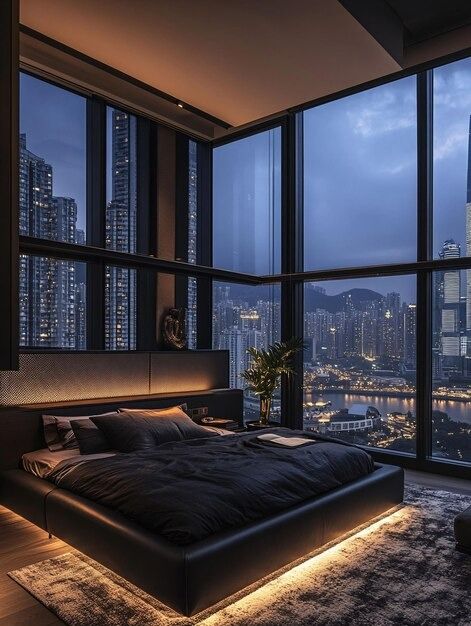 vectors, photos and PSD files | Free download Dark Modern Bedroom, Penthouse Aesthetic, Penthouse Bedroom, Urban Bedroom, Penthouse Interior, Nyc Penthouse, New York Penthouse, Apartment View, Modern Luxury Bedroom