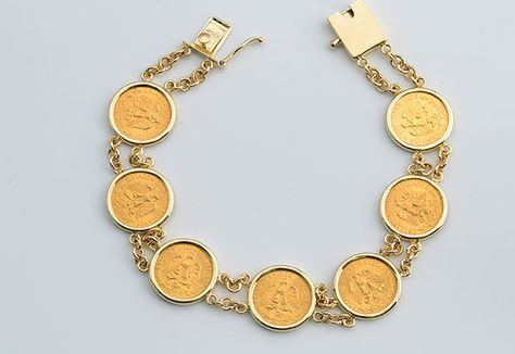 RCB80 14kt Gold Bracelet with Mexico 2 Peso Cold Coins Gold Coin Bracelet, Puka Shell Bracelet, Gold Coin Jewelry, Gold Eagle Coins, Gold Bracelet Simple, Canoga Park, Gold Necklace Indian, Gold Necklace Indian Bridal Jewelry, Accesories Jewelry