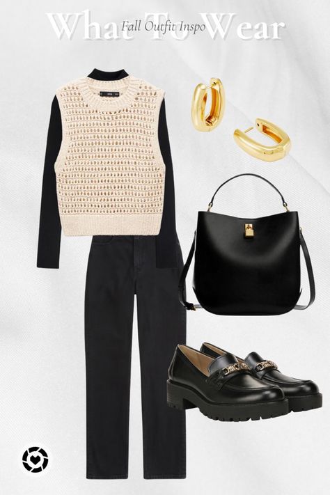 Layer up a few fall capsule closet staples this fall to mix and match with other looks. This open knit vest can be styles so many ways this fall - from the summer to fall transition season through winter by adding some basic neutral layers. | sweater vest | loafers | fall outfit | mango | Abercrombie | bucket bag | #fallfashion #falloutfitsforwomen #sweatervest #falllayers White Knit Sweater Vest Outfit, Sweater Vest Outfit Women Winter, Beige Sweater Vest Outfit, Open Knit Sweater Outfit, Cream Sweater Vest Outfit, Beige Vest Outfit, Black Sweater Vest Outfit, Loafers Fall Outfit, How To Style Turtleneck