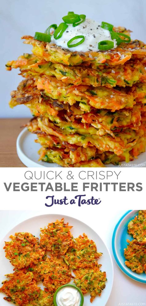 Vegetable Fritters, Veggie Fritters, Just A Taste, Easy Vegetable, Fritter Recipes, Tasty Vegetarian Recipes, Veggie Side Dishes, Veggie Sides, Veggie Dishes