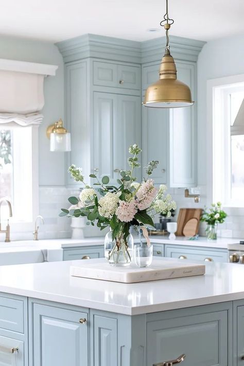 Emslifeandloves Kitchen Cabinet Colours, Blue Kitchen Island, Light Blue Kitchens, Kitchen Design 2024, Blue Kitchen Cabinets, Beach House Kitchens, French Country Kitchen, Blue Kitchen, Kitchen Cabinet Colors