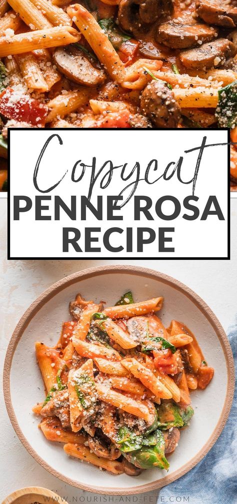 This Penne Rosa recipe has tender pasta and plenty of veggies tucked into a creamy tomato sauce with just a little kick. It's a delicious copycat of the popular Noodles & Company dish that is super easy to make at home for a quick dinner any night of the week. Pena Rosa Pasta, Noodles Copycat Recipes, Copycat Penne Rosa Noodles And Company, Penna Rosa Recipe, Non Red Sauce Pasta, Pasta Rosa Recipe, Healthy Rotini Pasta Recipes, Copycat Pasta Recipes, Penne Pasta Recipes Vegetarian