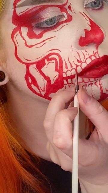 Leah Sapp on Instagram: "Here’s a super mini tutorial of this sparkly skull makeup look! The first tutorial I’ve filmed in my new set up 😭 let me know what you think! . Inspired by @melllani_ ❤️ . Contacts: @myeyebb_official blind red (use code “Sapp” for 20% off!) . Makeup details- Eyes: @profusion rituals palette (use code “sapplesauce666” for 20% off!$) @nyxcosmetics epic ink liner @tatti_lashes evolution lashes . Lips: @aboutfacebeauty matte fluid eye paint in scream of consciousness . Face Red Skeleton Makeup, Red Skull Makeup, Halloween Eye Contacts, Skull Makeup Look, Skull Face Painting, Skull Makeup Halloween, Matte Fluid Eye Paint, Skeleton Face Paint, Skull Makeup Tutorial