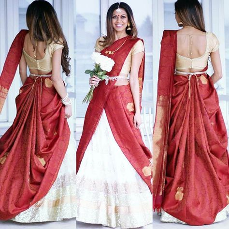 #tbt to one of my fav looks ❤ Saree Into Half Saree Draping, Red And White Half Saree, Cancan Saree Drape, Cancan Saree, Blue Half Saree, Saree Hacks, Saree Drape, Lehenga Style Saree, Lehenga Saree Design