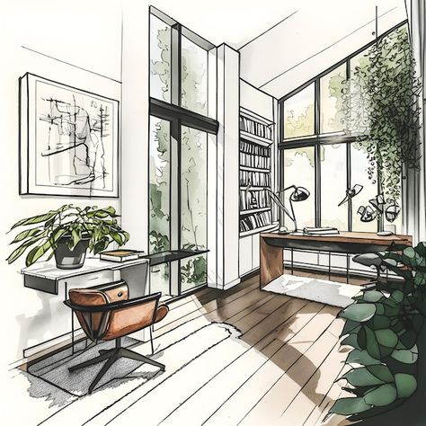 Interior Design Hand Rendering, Living Room Sketch Perspective, Croquis Architecture, Interior Architecture Sketch, Interior Design Sketchbook, Furniture Design Sketches, Interior Design Renderings, Study Room Design, Drawing Interior