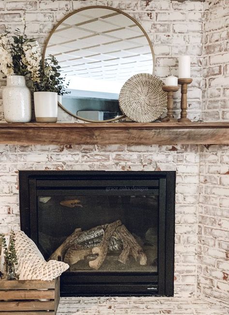 Schmear Brick Fireplace, German Schmear Brick Fireplace, German Schmear Brick, German Schmear, European Living, Painted Brick Fireplaces, Fireplace Mantles, Fireplace Update, Brick Fireplace Makeover