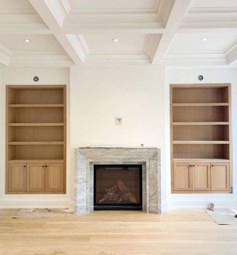 Plaster Fireplace With Bookshelves, Coastal Living Room Fireplace Ideas, Recessed Fireplace With Built Ins, Fireplace Wall With Built Ins, Wood Built Ins Living Room, Built In Living Room Cabinets, Fireplace Joinery, Stone Fireplace With Built Ins, Fireplace With Built Ins On Both Sides