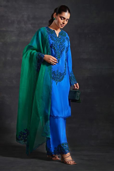 Shop for these amazing collections of Blue Habutai Silk Embroidery Floral Hand Embellished Kurta Pant Set For Women by The House of Exotique online at Aza Fashions. Marriage Suits, Floral Cutwork, Kurta Pant Set, Work Pattern, Embroidery Hand, Handmade Embroidery Designs, Straight Kurta, Sharara Set, Pattern Embroidery