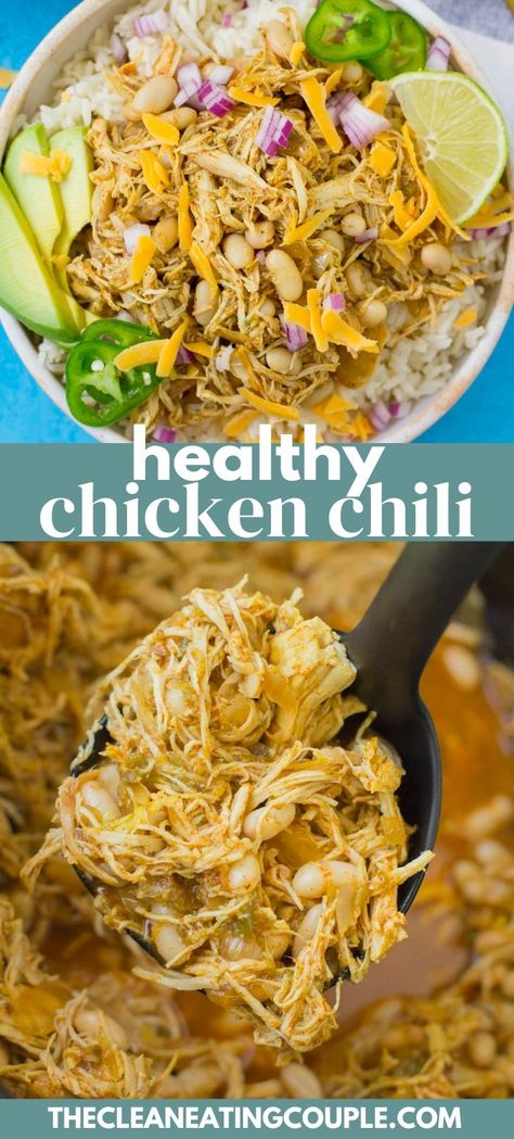 This Easy Healthy White Chicken Chili Recipe is the perfect quick dinner! Make it in the crockpot, instant pot or on the stove. The perfect gluten free, clean eating dinner! Chicken Chili Stove Top, White Chicken Chili Stove Top, Chili White Chicken, Healthy White Chicken Chili, Chicken Chili White, Healthy Chicken Chili, White Chicken Chili Recipe, Chicken Crockpot Recipes Healthy, Chicken Chili Crockpot