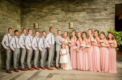 Blush pink and light grey wedding party! Pink And Grey Wedding Flowers, Grey And Light Pink Wedding, Pink Gray Wedding Theme, Blush Pink And Grey Wedding Theme, Blush Pink Weddings Groomsmen, Pink Bridesmaid And Groomsmen, Light Pink Wedding Party, Pink And Green Wedding Party, Pink And Khaki Wedding