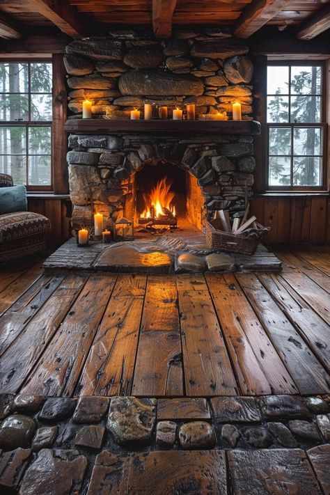 Old Cabin Interior, Lodge Fireplace, Log Cabin Living Room, Log Cabin Interior Design, Lodge Aesthetic, Epoxy Countertops, Concrete Patio Makeover, Cabin Fireplace, Cabin Wall Decor