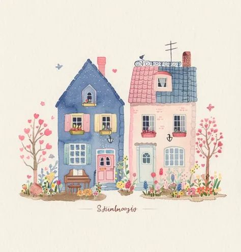 ↑↑↑ Larger size on website 🔸 A watercolor illustration of two charming houses in a spring garden. The house on the left is blue w 🔸 From Midjourney AI Image Cute House Illustration, House Illustration Art, Light Blue Door, Spring Drawing, Home Illustration, Colorful Houses, Pioneer Gifts, Garden Watercolor, Two Trees