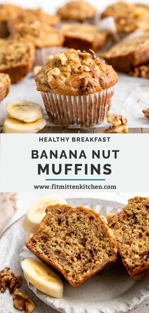 These Healthy Banana Nut Muffins are moist, fluffy and speckled with walnuts for extra crunch. Sweetened with maple syrup and moistened with yogurt, serve warm for breakfast, brunch or meal prep for a grab-and-go snack! Banana Oat Nut Muffins, Banana Muffins With Maple Syrup, Healthy Banana Nut Muffins Clean Eating, Banana Nut Oatmeal Muffins, Healthy Bababa Muffins, Banana Nut Muffins Recipe Healthy, Banana Muffins Maple Syrup, Healthy Nut Recipes, Protein Banana Nut Muffins