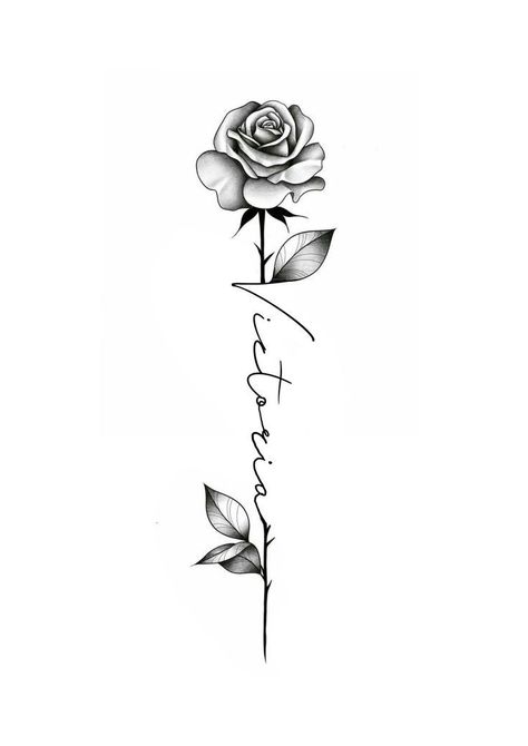 Simple Rose Tattoo With Name, Rose Tattoo Design With Name, Rose With Name Tattoo Design, Flower Name Tattoo For Men, Rose And Name Tattoo Design, Flowers Around Name Tattoo, Rose And Stem Tattoo Design, Name With Flower Tattoo Design, Rose Name Stem Tattoo