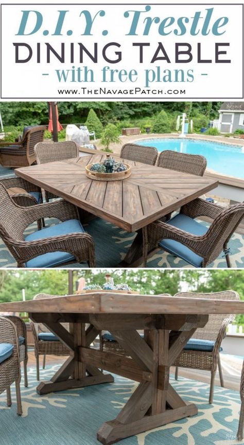 DIY Farmhouse Table / Trestle Table - The Navage Patch Outdoor Dining Table Diy, The Navage Patch, Diy Esstisch, Navage Patch, Farmhouse Table Plans, Farmhouse Patio, Diy Table Top, Diy Outdoor Table, Diy Farmhouse Table