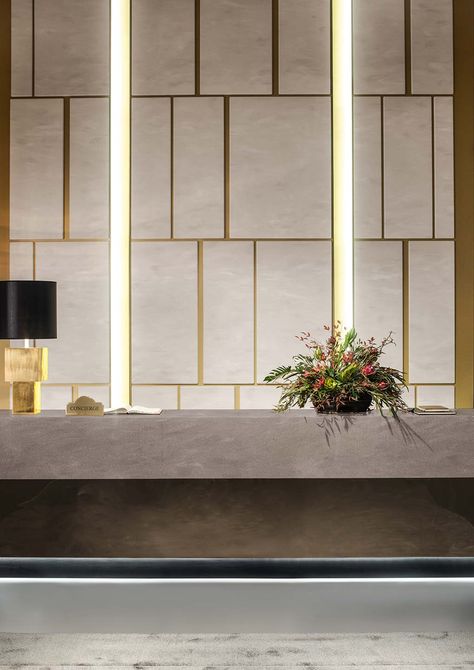 Corian Wall Design, Wall Elevation, Weathered Concrete, Italian Chic, Lobby Interior Design, Storage Console, Wall Panel Design, Reception Counter, Pooja Room Design