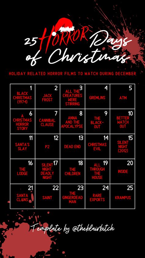 Christmas Horror Movies List, Halloween Animes To Watch, 31 Days Of Horror Movies, Movies To Watch List Christmas, 30 Days Of Horror Movies, Movies To Watch In December, Christmas Movies To Watch With Boyfriend, January Movie List, 25 Days Of Christmas Movies List