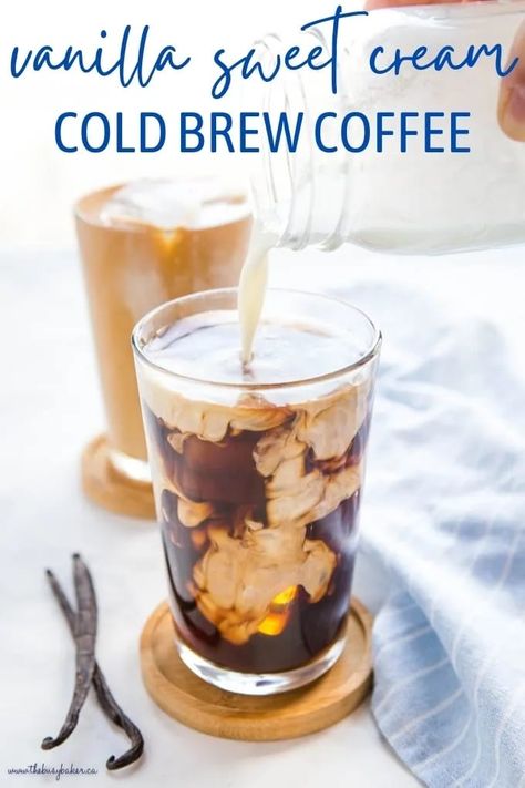 This Vanilla Sweet Cream Cold Brew is the perfect sweet and delicious iced coffee drink! Easy-to-make cold brew coffee sweetened with a simple vanilla cream! Recipe from thebusybaker.ca! #coldbrew #vanillasweetcream #starbucks #starbuckscopycat #copycatrecipe #coffee #icedcoffee #coffeeshop Starbucks Vanilla Sweet Cream Cold Brew, Vanilla Cream Cold Brew, Starbucks Vanilla Sweet Cream, Vanilla Cold Brew, Vanilla Sweet Cream Cold Brew, Sweet Cream Cold Brew, Vanilla Sweet Cream, Diy Vanilla, Coffee Syrups