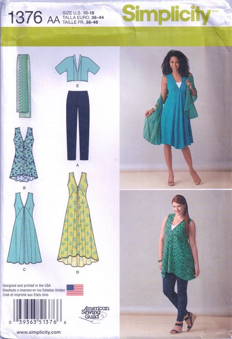 "Simplicity 1376 Trendy Summer Clothes Sewing Pattern ✂ ✂ ✂ This is a sewing pattern, not a completed garment. ✂ ✂ ✂ MISSES'/WOMEN'S JACKET, DRESS IN TWO LENGTHS OR TUNIC, SCARF AND KNIT LEGGINGS: Semi-fitted sleeveless pullover dress, below mid knee or above ankle, has V-neckline, full skirt gathered to bodice at center bust seam. View A knit leggings have elastic waistline casing. View B tunic and View D dress have asymmetrical hem, longer in back. View C dress is knee length. View E bolero ja Plus Size Sewing Patterns, Plus Size Jacket, Plus Size Patterns, Plus Size Sewing, Scarf Knit, Smart Ideas, Simplicity Sewing, Leggings Pattern, Knit Leggings