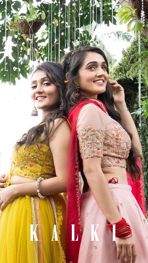 #sister Sisters Photography Poses Indian, Sister Photoshoot Poses Indian, Yellow Net Lehenga, Yellow Choli, Sharma Sisters, Sisters Photography Poses, Bride's Sister, Marriage Poses, Mehendi Function