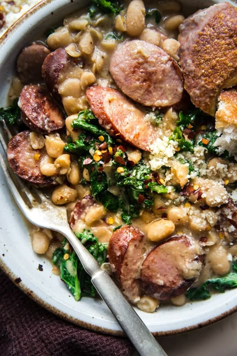 Bean Dinner Ideas, White Beans And Sausage, Sausage Dinner Recipes, White Bean And Sausage, White Bean Sausage, Sausage And Beans, Bean Sausage, Sausage Skillet, Sausage Recipes For Dinner