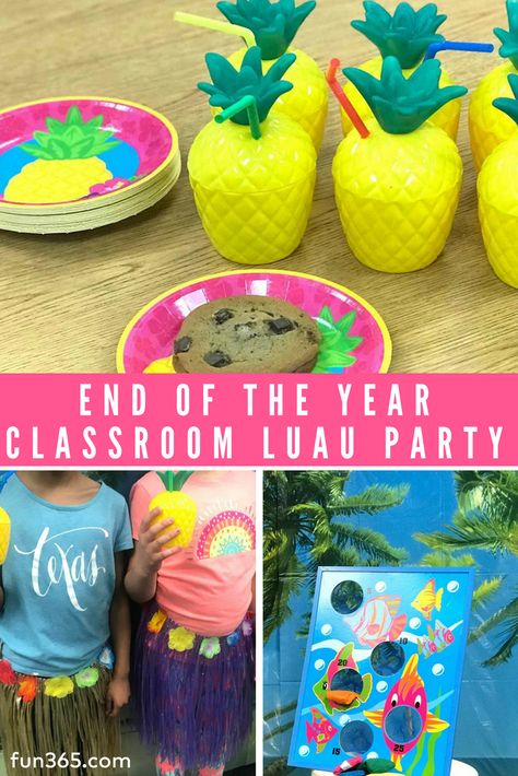 Throw an end of the year celebration your class will love! Channel summer with this luau themed classroom party like Ashley from Teach Create Motivate. Here's how to do it. Summer Theme End Of Year Party, Summer Class Party Games, Kindergarten Classroom Party Ideas, Kindergarten Luau Party, Summer Theme Class Party, End Of Year Party Themes School, Class Party Games End Of Year, Luau Class Party Ideas, End Of Year Class Party Themes