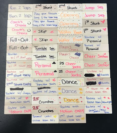 Cheer Jenga.. a game for cheerleading teams Cheer Goal Board, Cheer Team Traditions, Cheerleading Bonding Activities, Team Building For Cheerleaders, Cheer Captain Binder Ideas, Team Bonding Games Cheerleading, Cheer Team Bonding Games, Cheer Games For Practice, Cheer Bonding Ideas