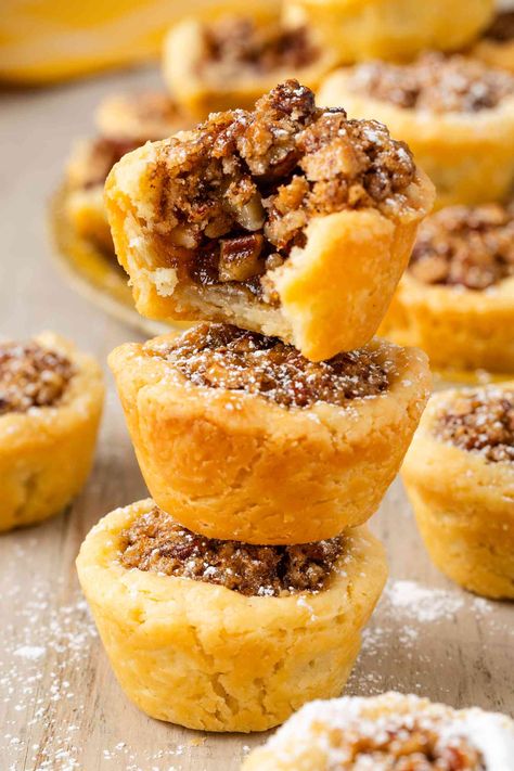 Pecan Pie Thumbprint Cookies Recipe, Bourbon Pecan Tassies Recipe, Pecan Bar Cookies, Peacon Pie Cookies Recipe, Peacon Pie Cookies, Mini Pecan Tassies, Mini Pecan Pies Easy, Pecan Pie Shortbread Cookies, Pecan Dainties