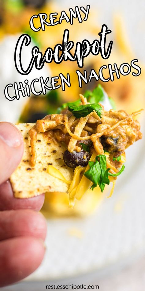 Crock Pot Creamy Chicken Nachos, Slow Cooker Chicken Nachos, Crockpot Creamy Chicken Nachos, Dinner Recipes In Crockpot, Chicken Potluck Dishes, Crockpot Recipes Slow Cooker Chicken, Chicken Nachos Crockpot, Chicken Nacho Recipe, Recipes In Crockpot