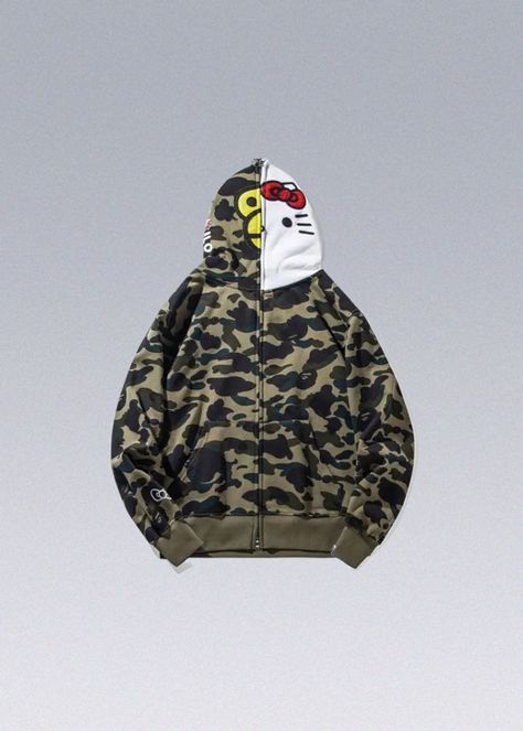 techwear-x Hello Kitty Bape Hoodie, Cute Hoodies Outfits, Green Essentials Hoodie, Bape Hoodie Aesthetic, Black Sp5der Hoodie, Bape Hello Kitty, Bape Hoodie Outfit, Fly Birthday Outfits, Painted Hoodies