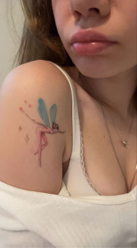 Pink Fairy Tattoo, Light Colored Tattoos, Color Fairy Tattoo, Light Pink Tattoo, Sapphic Tattoo Ideas, Pink Heart Tattoo, Whimsy Tattoo, Pixie Tattoo, Pastel Tattoo