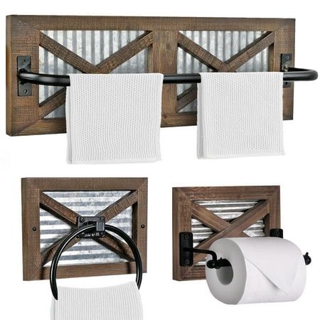 Autumn Alley believes in the perfect blend of form and function. Our Rustic Hand Towel Ring, Toilet Paper Holder, and Rustic Towel Rack Holder for Bathroom are prime examples of how beauty and utility can go hand-in-hand. Featuring a charming blend of weathered wood and corrugated metal, these bathroom accessories are stunning additions to any farmhouse or rustic guest bathroom. The Rustic Towel Rack Holder, along with the Hand Towel Ring and Toilet Paper Holder, create a cohesive and stylish lo Farmhouse Toilet Paper Holder, Farmhouse Toilet, Rustic Towel Rack, Rustic Bathroom Shower, Rustic Bathroom Mirrors, Rustic Toilet Paper Holders, Small Farmhouse Bathroom, Brown Farmhouse, Neutral Bathroom Decor